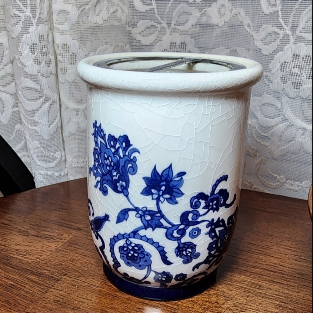 Vintage Chinese Crackle Delft Blue Brush Pot Ceramic Vase Antique